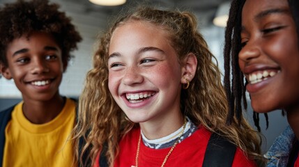 Three young girls laughing in a school hallway.