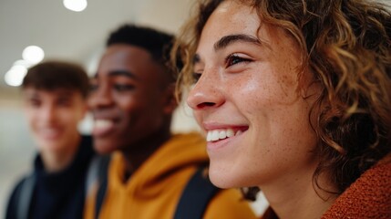 Obraz premium Young male student smiling at camera with friends in background.