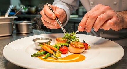 Culinary artistry: Chef meticulously plating scallops with vegetables for an exquisite dining experience