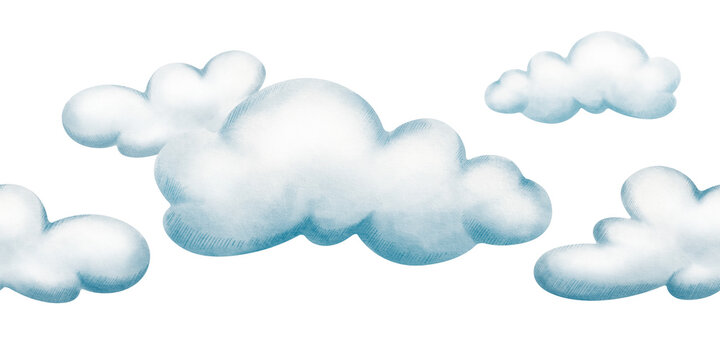 Whimsical gray-blue rain cloud in seamless border,painted with soft watercolor washes and cheerful colored pencil details.For childrens books,weather-themed projects and playful nursery decor