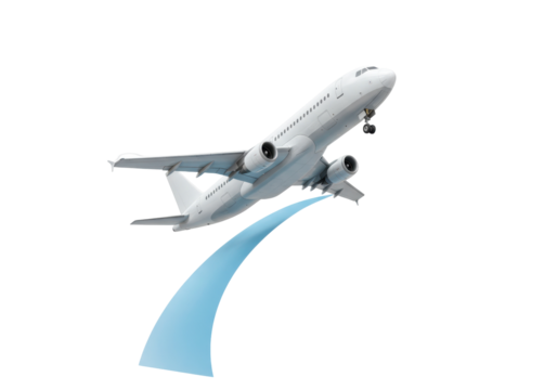 Modern white airplane isolated on transparent background, commercial aviation jet for travel and transportation in PNG format