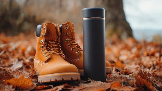 Pair of sturdy brown hiking boots and a black thermos bottle standing on autumn leaves in a forest. Outdoor adventure essentials captured in a vibrant fall setting with warm natural tones