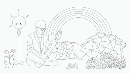 A line drawing of a man sitting with a rainbow sun geometric shapes and plants in a white background
