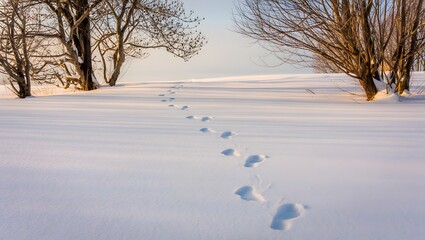 Footprint in snow leading toward trees on winter day