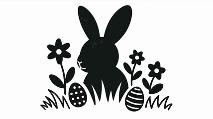 Black easter bunny silhouette with eggs and flowers on a white background vector illustration