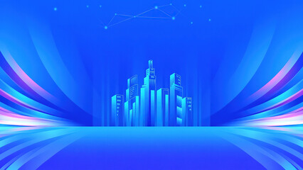Fototapeta premium Modern Cityscape with Abstract Blue and Purple Wave Design Elements for Digital and Tech Projects