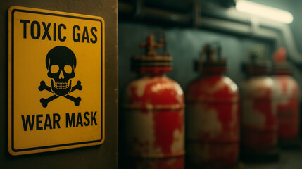 Toxic gas wear mask warning sign inside industrial facility with hazardous chemical storage tanks hazard prevention, danger alert and protective equipment guideline environment