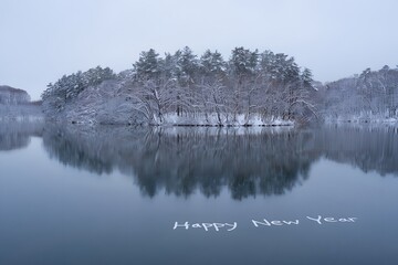 Winter landscape with snow covered trees reflecting in water