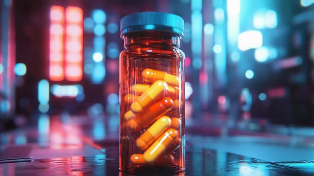 Medicine bottle with pills in cyberpunk urban setting