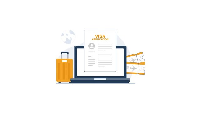 4k Laptop with Visa Application and Luggage. Online Visa Application Concept Animation Video 