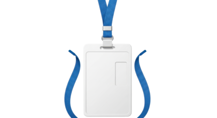 Blank white ID card badge with a blue lanyard, access pass mockup. Isolated on transparent background, png