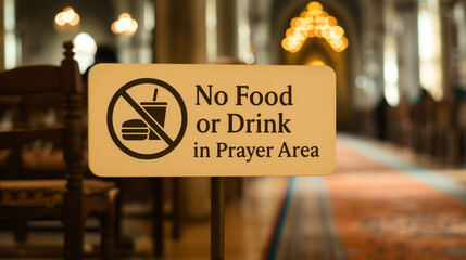 No food or drink in prayer area of church showing discipline, restriction, respect rule, sacred space regulation and cultural practice of maintaining cleanliness in worship environment