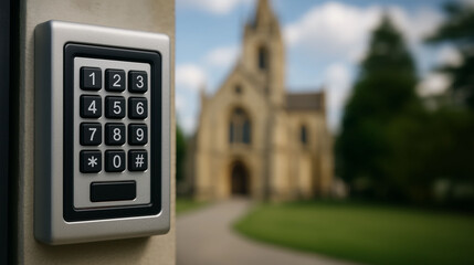 Electronic keypad access control system on church entrance concept of church security  restricted entry, digital code protection, password system and safety regulation for restricted facility