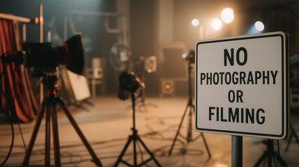 No photography or filming sign in movie studio concept of restriction policy, copyright control, creative work protection, film production environment and workplace security regulation