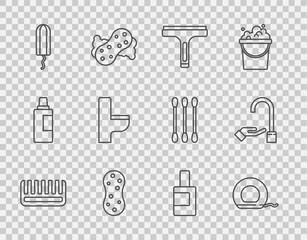 Set line Hairbrush, Dental floss, Rubber cleaner, Sponge, Sanitary tampon, Toilet bowl, Bottle for cleaning agent and Washing hands with soap icon. Vector