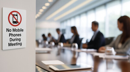 No mobile phones during meeting sign on wall of modern office boardroom workplace etiquette rule, corporate discipline, business communication policy and professional environment 