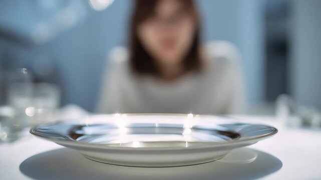 Empty plate on a white table with a blurred woman in the background, symbolizing fasting, dieting, or food insecurity. Minimalist concept with soft lighting and shallow depth of field