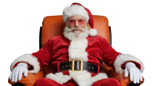 Elderly man dressed as santa claus sitting in an orange chair looking directly at the camera isolated on transparent background