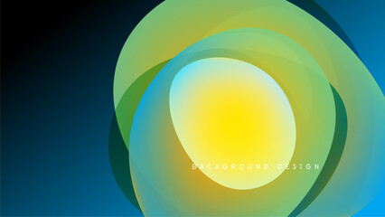 Abstract swirling layers, vibrant colors blend. Yellow, green, blue gradients create dynamic visual effect. Modern design element.