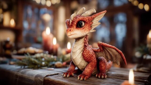 Adorable red dragon creature fantasy illustration on wooden surface