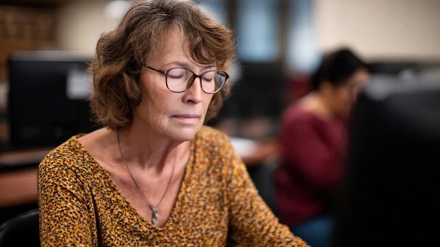 A woman deeply focused while working on a computer in a collaborative environment, reflecting themes of learning, technology, and personal growth.