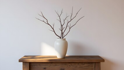 Branch in vase on table against white background