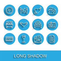 Fototapeta premium Set line Play Video with heart, Wine glass, Clock, Envelope Valentine, Heart wings, Photo camera and Bedroom icon. Vector