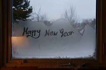 Happy new year message written on a frozen window