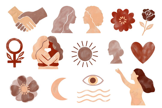 Abstract illustration set of feminine symbols, diverse women portraits, and empowerment icons in warm earthy tones featuring hearts, flowers, moon, sun, and female silhouettes representing unity, love - Powered by Adobe