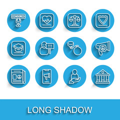 Fototapeta premium Set line News, Protest, Censored stamp, Life insurance in hand, Courthouse building, Peace and Ball on chain icon. Vector
