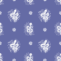 Fototapeta premium Seamless Pattern with Mystical White Snake with Flowers and Moon on Blue Background. Repeating Textured Hand Drawing Doodle template. Vector illustration for magic, esoteric, mysterious design. Not AI