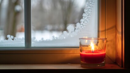Candlelight on a windowsill with frost on the window pane