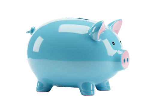 Light blue piggy bank isolated on transparent background, savings and investment concept for financial planning and money management