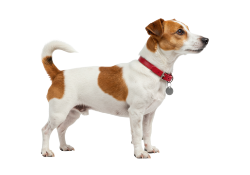 Jack Russell Terrier dog isolated, standing alert with red collar on transparent background, cute pet animal in PNG format