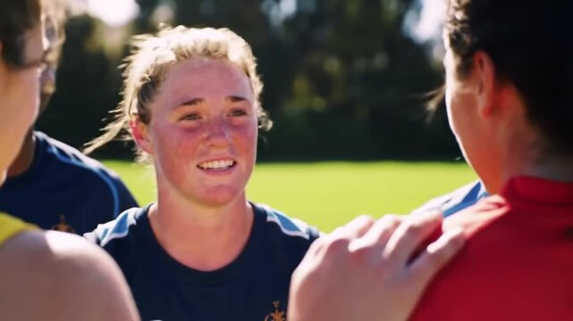 Young woman with blonde hair smiling in a huddle with teammates