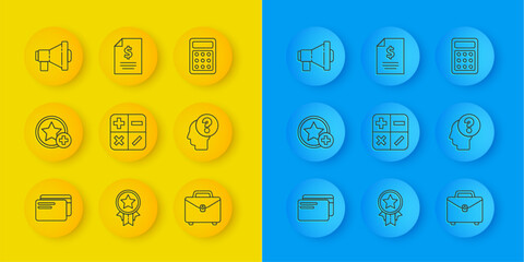 Set line Credit card, Star, Calculator, Briefcase, Human head with question mark, Megaphone, and Contract money icon. Vector