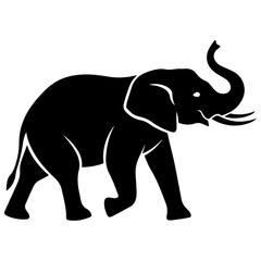 Obraz premium African Elephant Silhouette Vector Icon with Raised Trunk, Simple Vector Illustration of a Walking Elephant with Tusks, logo, emblem, icon, or design element for themes related to safari and nature.