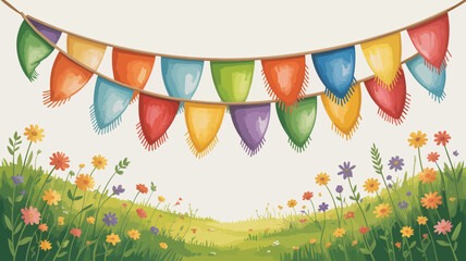 A whimsical illustration of colorful pennant banners strung above a field of wildflowers and green grass