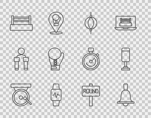 Set line Boxing gong, bell, Punching bag, Smart watch with heart, ring, glove, board and icon. Vector