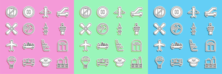 Set line Airport conveyor belt with suitcase, Aircraft hangar, Radar, Plane, targets monitor, propeller, No cell phone and Rocket icon. Vector