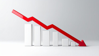 White graph showing declining red arrow, minimalist infographic design, business and financial risk