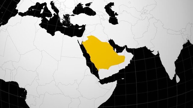 Saudi Arabia map. Animated zoom into the country on the Globe in Black White color palette. Country logo animation. Map with meridians, parallels. Classy video.