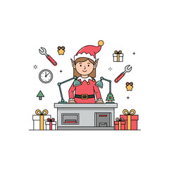 Toy workshop elf making Christmas gifts isolated on white