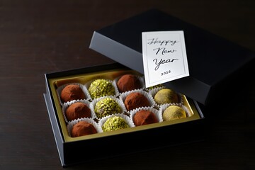 Box of chocolate truffles with happy new year card on table