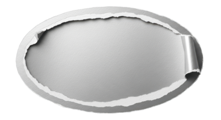 Blank silver torn paper with a ripped edge, oval shape for text or design. Isolated on transparent background, png