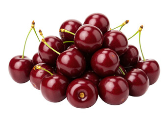 Isolated heap of shiny red cherries with green stems, summer harvest, natural fruit, plant