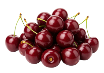 Isolated heap of shiny red cherries with green stems, summer harvest, natural fruit, plant