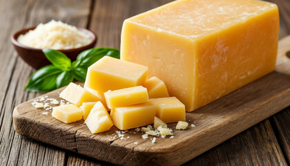 Parmesan Cheese Wedge on Rustic Wood Table Close Up