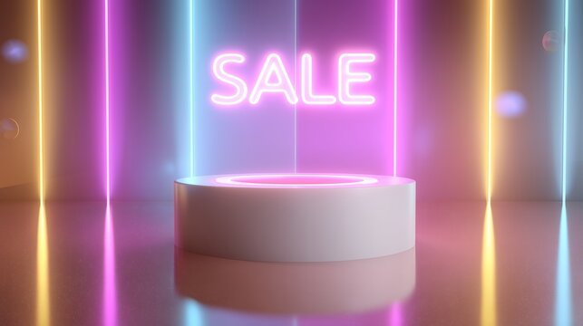 Bright neon sale display with colorful lights in a modern setting for promotional event