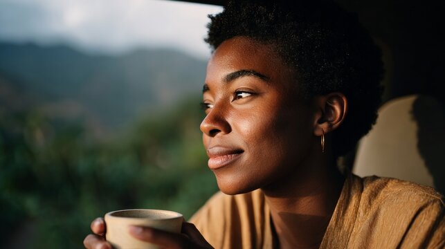 Woman holding coffee cup, smiling at camera, outdoors, daytime.
